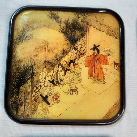 Set of 4 Korean Folk Art Square Coasters Cork Backing 4 inches - Picture 4 of 9